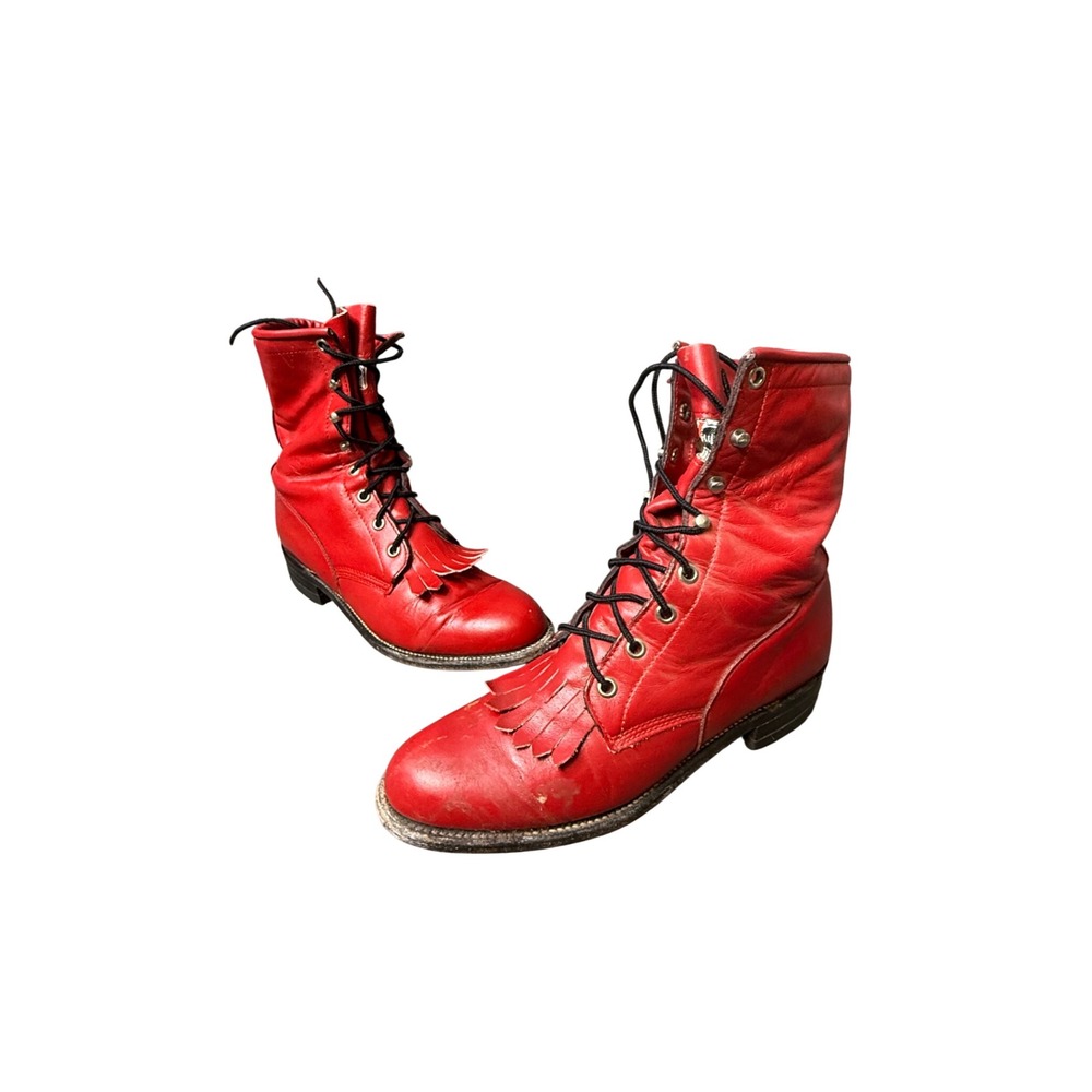 Justin L503 Red Leather Lace Up Kiltie Western Roper Boots Womens 7 B